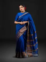 Royal Blue Mangalgiri silk saree with Kanchi silk border - Image 3