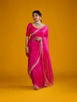 Rani Pink Organza Silk Saree highlighted with beautiful Gota, Mirror work, Cut Dana embroidery - Image 5
