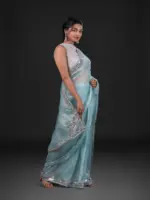Blue Tissue Organza Silk Saree beautifully Embroidered with Mirrors - Image 4