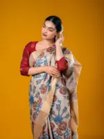 Ivory Handpainted Pen Kalamkari Tussar Silk Saree - Image 4