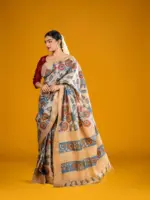 Ivory Handpainted Pen Kalamkari Tussar Silk Saree - Image 3