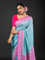 Mint Blue Handwoven Georgette Silk Saree with Silver Zari Weaves