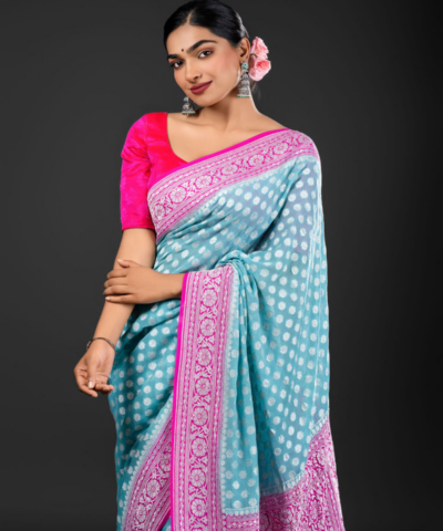 Mint Blue Handwoven Georgette Silk Saree with Silver Zari Weaves