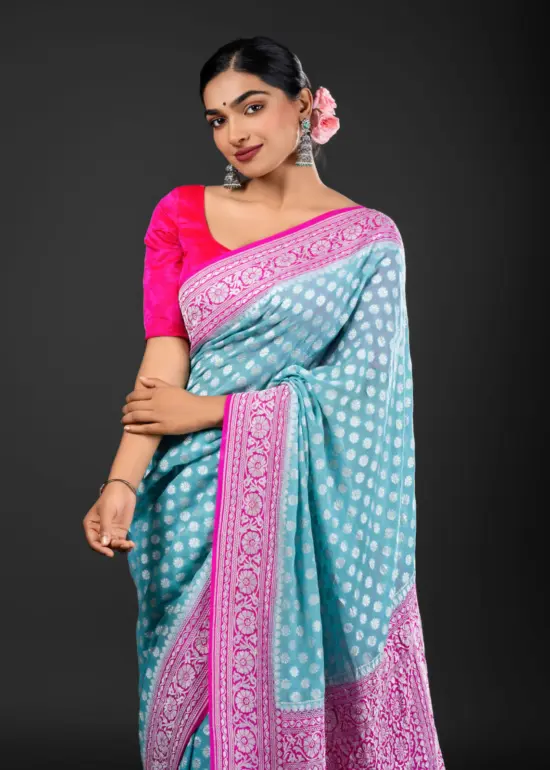 Mint Blue Handwoven Georgette Silk Saree with Silver Zari Weaves