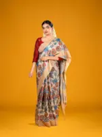 Ivory Handpainted Pen Kalamkari Tussar Silk Saree - Image 2