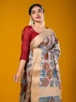 Ivory Handpainted Pen Kalamkari Tussar Silk Saree