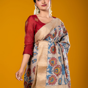 Ivory Handpainted Pen Kalamkari Tussar Silk Saree