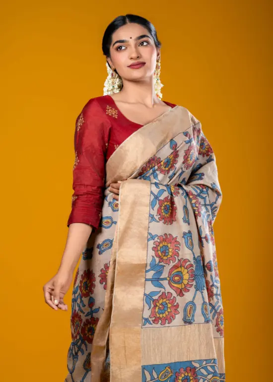 Ivory Handpainted Pen Kalamkari Tussar Silk Saree