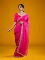 Rani Pink Organza Silk Saree highlighted with beautiful Gota, Mirror work, Cut Dana embroidery - Image 4