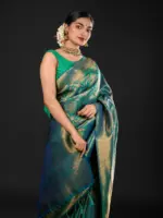 Emerald Green Banarasi Silk Saree with Gold Zari Weaves - Image 2