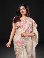 Silver Grey Crushed Tissue Silk Saree with Cutwork Embroidery - Image 5