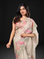 Silver Grey Crushed Tissue Silk Saree with Cutwork Embroidery - Image 5
