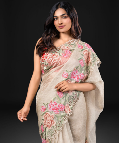 Silver Grey Crushed Tissue Silk Saree with Cutwork Embroidery