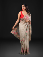 Silver Grey Crushed Tissue Silk Saree with Cutwork Embroidery
