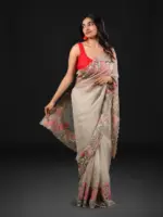 Silver Grey Crushed Tissue Silk Saree with Cutwork Embroidery