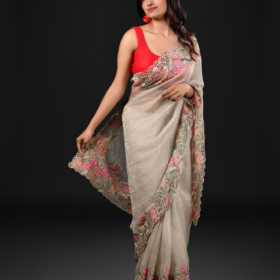 Silver Grey Crushed Tissue Silk Saree with Cutwork Embroidery