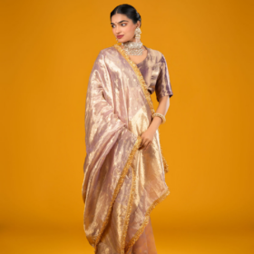 Lilac Tissue Silk Saree highlighted with Gota Detailing