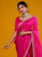 Rani Pink Organza Silk Saree highlighted with beautiful Gota, Mirror work, Cut Dana embroidery - Image 2