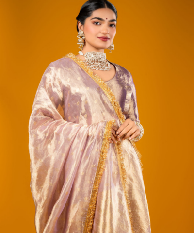 Lilac Dual Tone Tissue Silk Saree highlighted with Zari Motifs and Gota Border