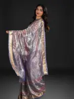 Ombre Purple Tissue Silk Saree with Gold Zari Weaves - Image 3