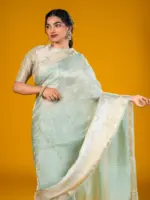 Sea Green Handloom Organza Silk Saree Highlighted with Kanchi Zari Border and Sequins Embroidery all over - Image 4