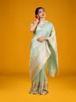 Sea Green Handloom Organza Silk Saree Highlighted with Kanchi Zari Border and Sequins Embroidery all over - Image 3
