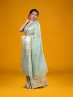 Sea Green Handloom Organza Silk Saree Highlighted with Kanchi Zari Border and Sequins Embroidery all over - Image 2