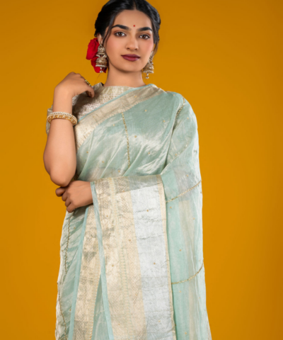 Sea Green Handloom Organza Silk Saree Highlighted with Kanchi Zari Border and Sequins Embroidery all over