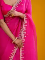 Rani Pink Organza Silk Saree highlighted with beautiful Gota, Mirror work, Cut Dana embroidery - Image 3