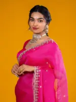 Rani Pink Organza Silk Saree highlighted with beautiful Gota, Mirror work, Cut Dana embroidery