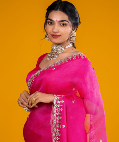 Rani Pink Organza Silk Saree highlighted with beautiful Gota, Mirror work, Cut Dana embroidery