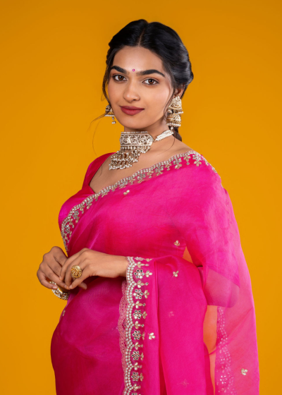 Rani Pink Organza Silk Saree highlighted with beautiful Gota, Mirror work, Cut Dana embroidery