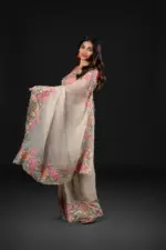 Silver Grey Crushed Tissue Silk Saree with Cutwork Embroidery - Image 4