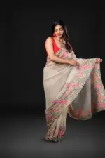 Silver Grey Crushed Tissue Silk Saree with Cutwork Embroidery - Image 2