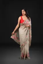 Silver Grey Crushed Tissue Silk Saree with Cutwork Embroidery - Image 3