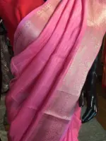 Pink Chiffon Silk Saree highlighted with Striped and Gold Zari Border - Image 2