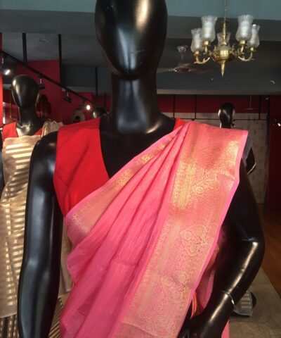 Pink Chiffon Silk Saree highlighted with Striped and Gold Zari Border
