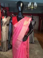 Pink Chiffon Silk Saree highlighted with Striped and Gold Zari Border - Image 6