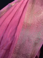 Pink Chiffon Silk Saree highlighted with Striped and Gold Zari Border - Image 4