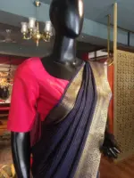 Navy Blue Chiffon Silk Saree with Gold Zari Weaves - Image 2