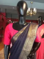 Navy Blue Chiffon Silk Saree with Gold Zari Weaves