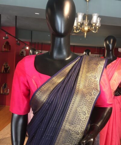 Navy Blue Chiffon Silk Saree with Gold Zari Weaves