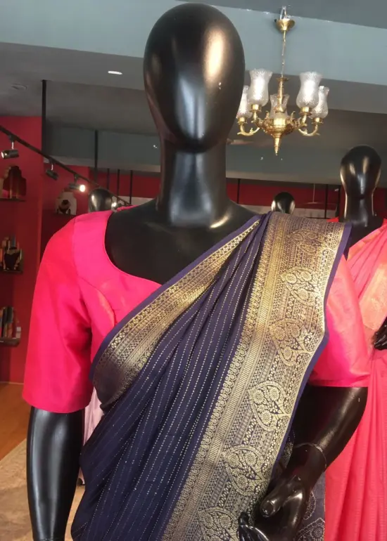 Navy Blue Chiffon Silk Saree with Gold Zari Weaves