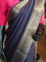 Navy Blue Chiffon Silk Saree with Gold Zari Weaves - Image 3