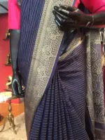 Navy Blue Chiffon Silk Saree with Gold Zari Weaves - Image 6