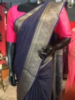 Navy Blue Chiffon Silk Saree with Gold Zari Weaves - Image 5