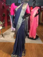 Navy Blue Chiffon Silk Saree with Gold Zari Weaves - Image 7