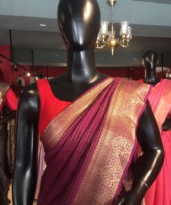Wine Chiffon Silk Saree with Gold Zari Weaves