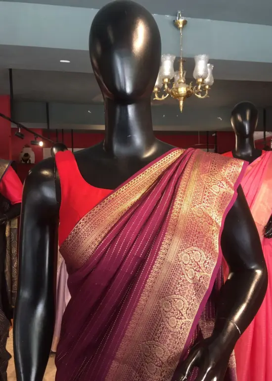 Wine Chiffon Silk Saree with Gold Zari Weaves