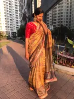 Mustard Yellow Printed Crushed Tissue Silk Saree highlighted with contrast embroidered detailing - Image 2